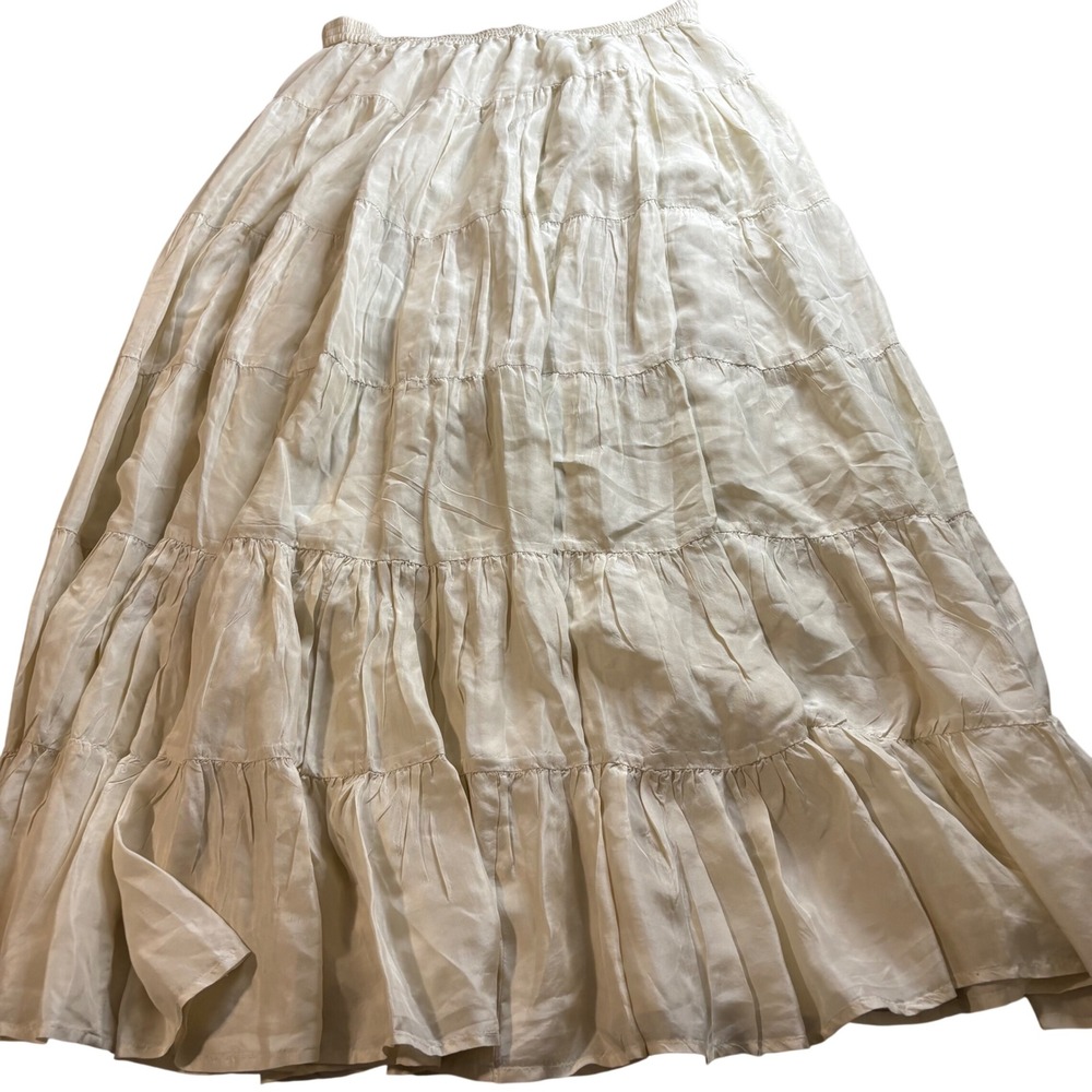 Calypso Christiane Celle Silk Tiered Maxi Skirt Cream Ivory Boho Elastic Waist S - Picture 2 of 11